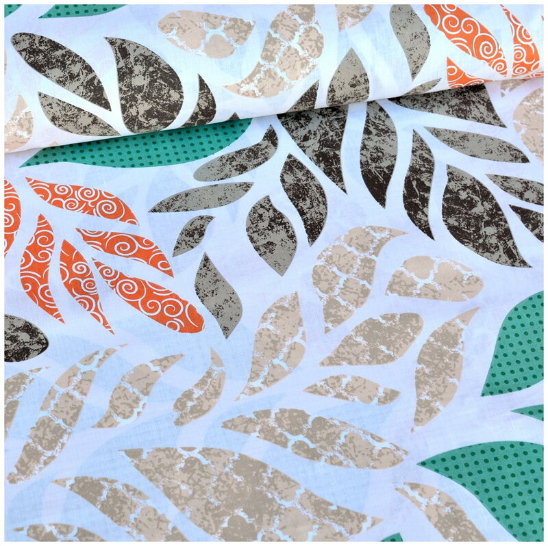 Listy grafické béžovo-zelené na smotanovom - šírka 220cm - bavlnené plátno