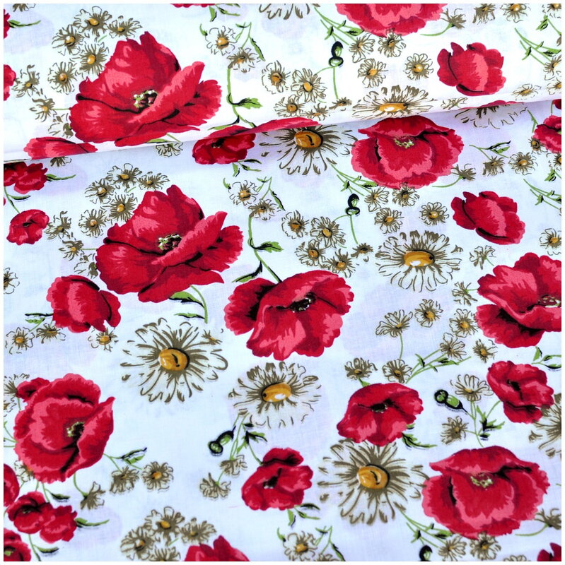 Maky a rumanček na bielom - bavlnené plátno