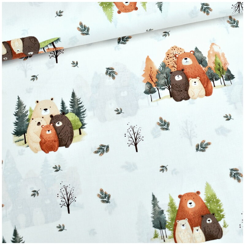Medvedia rodina v lese na krémovom - cotton fabric