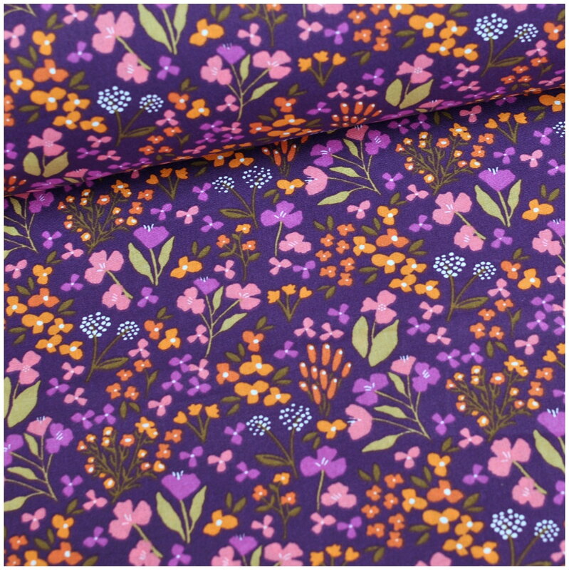 Mini farebné kvietky na tmavofialovom - jemná bavlna, popelín