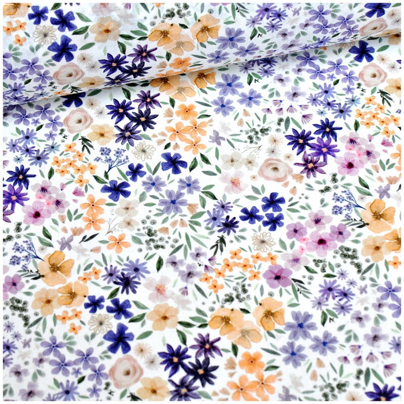 Mini fialovo-žlté kvietky na smotanovom - jemná bavlna, popelín