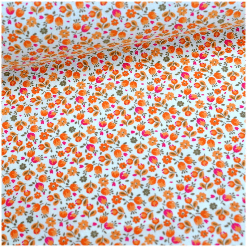 Mini oranžové kvietky na ecru - fine cotton, poplin