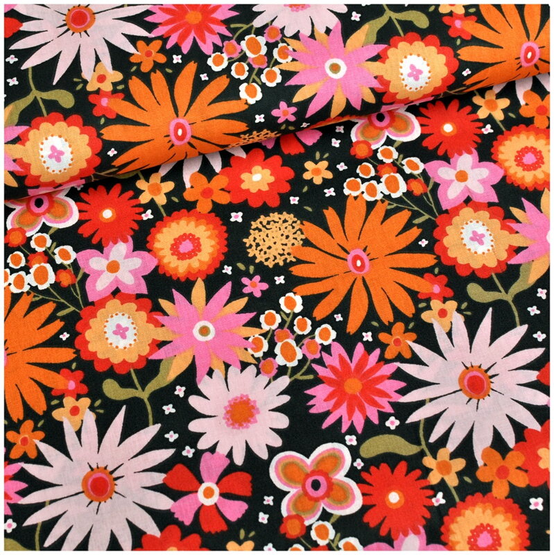 Oranžové kvety na tmavozelenom - jemná bavlna, popelín