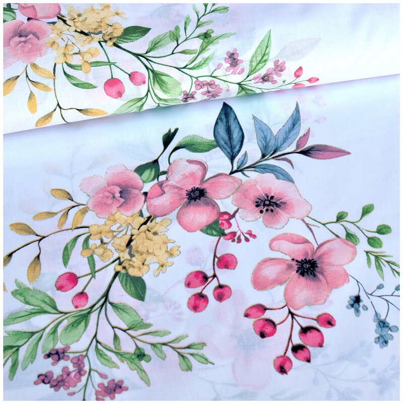 Pastelové kytice a ružové halúzky na bielom - šírka 220cm - bavlnené plátno