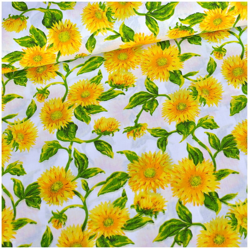 Slnečnice na bielom - šírka 220cm - bavlnené plátno