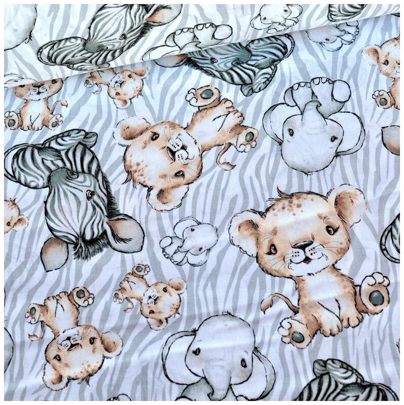 Zebra, slon, lev -  cotton fabric 