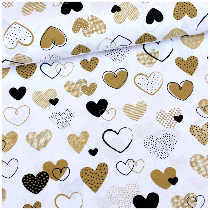Srdiečka mix hnedé na bielom - bavlnené plátno