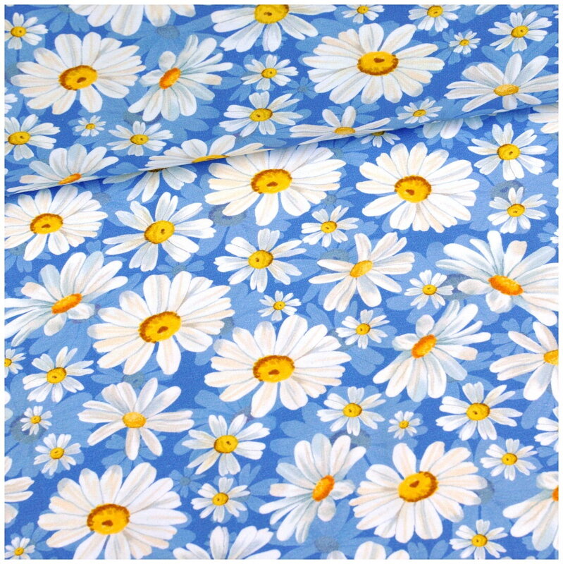 Margarétky na modrom tenký jersey 30cm