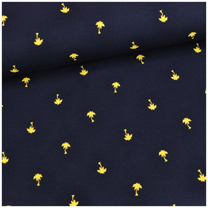 Palmy žlté na tmavomodrom jersey 35cm