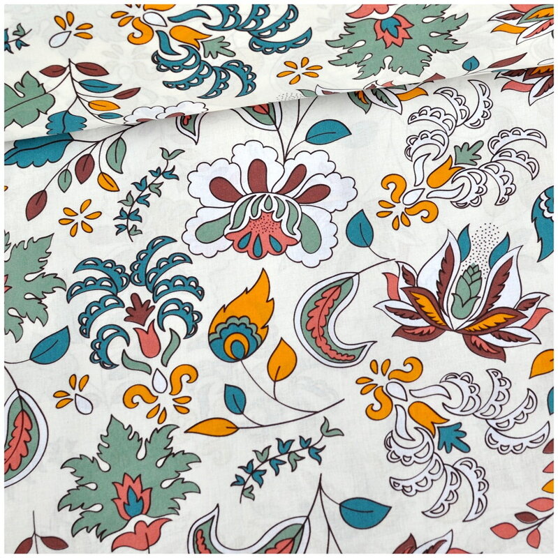 Retro grafické kvety na smotanovom - bavlnené plátno 30cm