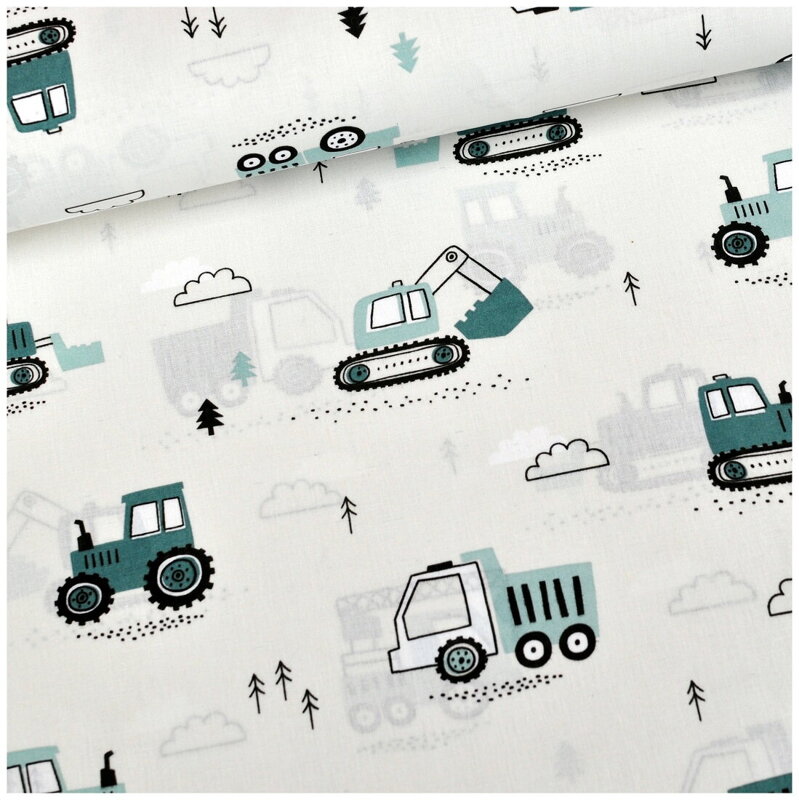 Traktor, bager, žeriav na smotanovom - bavlnené plátno 200cm II.TRIEDA