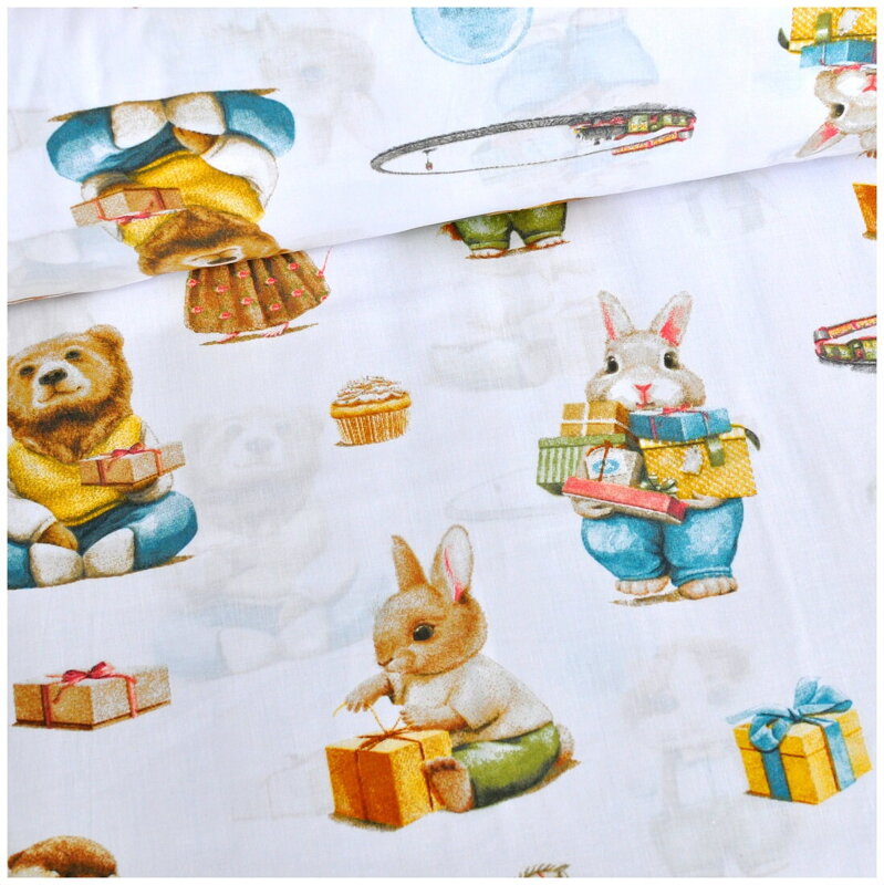 Zvieratká s darčekmi na bielom - bavlnené plátno 60cm