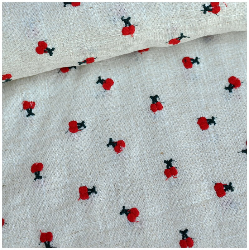 Vyšívané čerešne na viskózovo ľanovom plátne