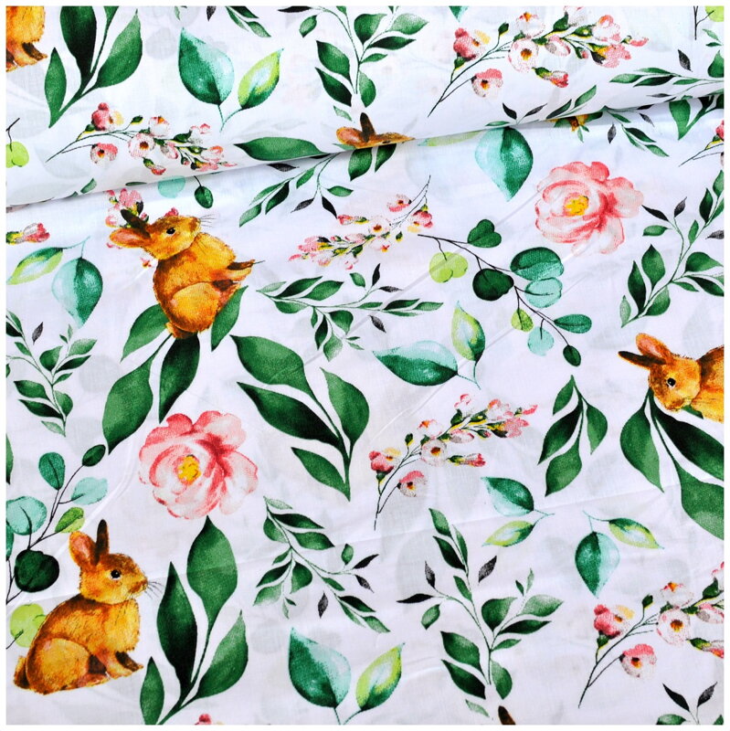 Zajac v listoch a kvetoch - cotton fabric 