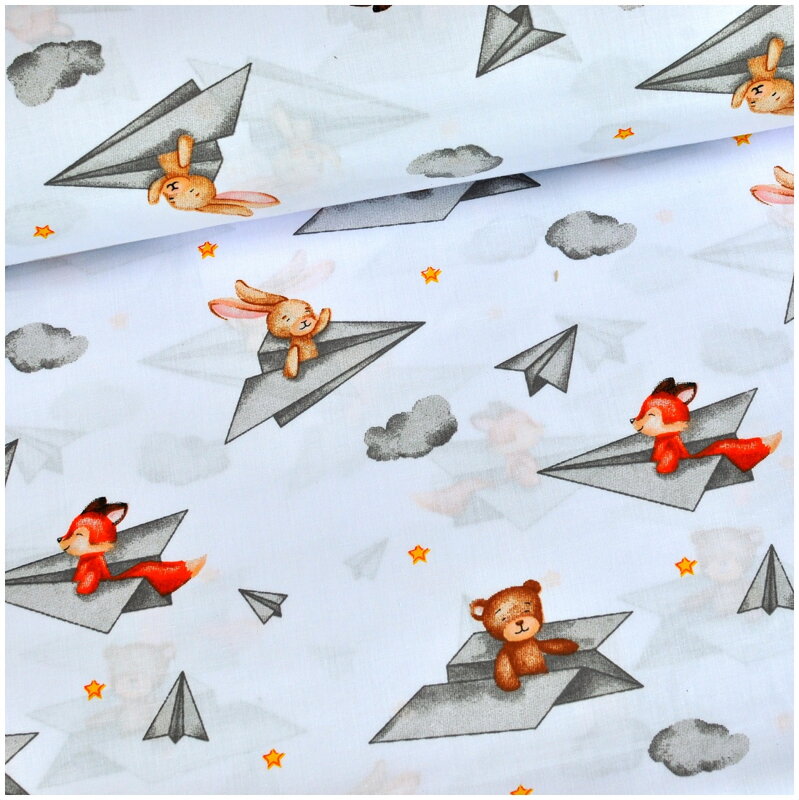 Zvieratká v papierových lietadlách na bielom -  cotton fabric 