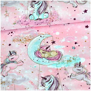 Jednorožce na mesiaci na ružovom zlatá kolekcia -  cotton fabric 