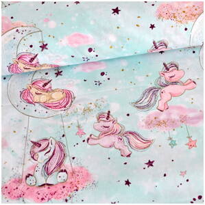 Jednorožce na mesiaci na mäte zlatá kolekcia -  cotton fabric 