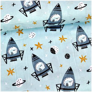 Rakety a hviezdy na šedomodrom - bavlnené plátno 