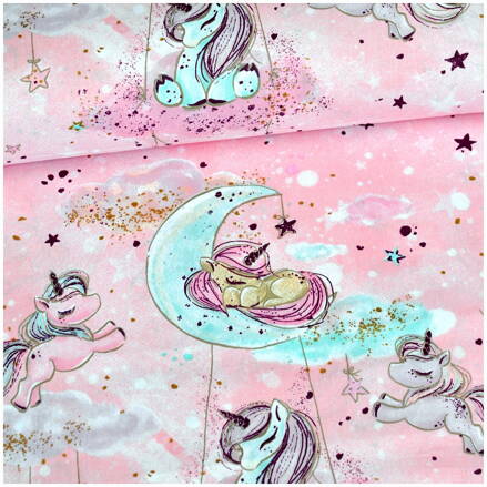 Jednorožce na mesiaci na ružovom zlatá kolekcia -  cotton fabric 