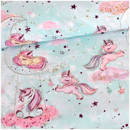 Jednorožce na mesiaci na mäte zlatá kolekcia -  cotton fabric 
