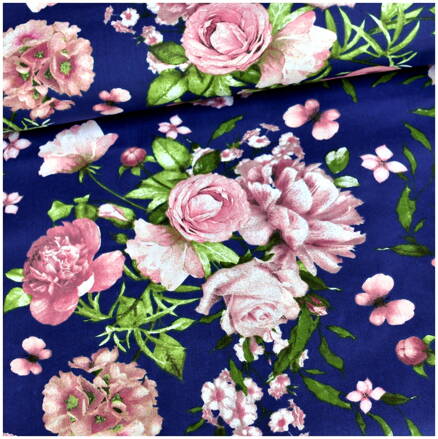 Hortenzie a ruže na tmavomodrom - cotton fabric 