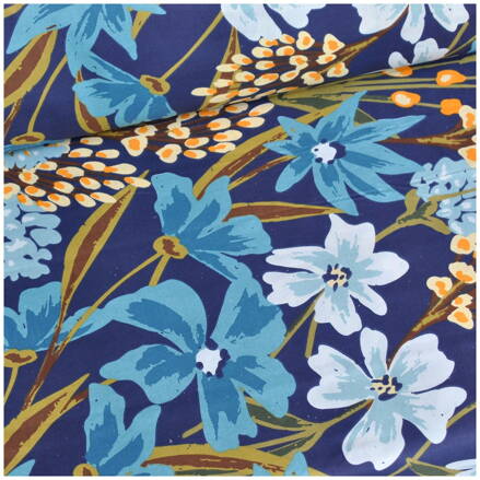 Kvety pastelové modro-žlté na tmavomodrom - cotton fabric