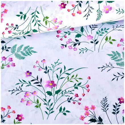 Stonky a fialovo-ružové kvety na bielom - cotton fabric