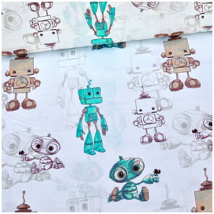 Roboty tyrkysovo-béžové na bielom - cotton fabric 
