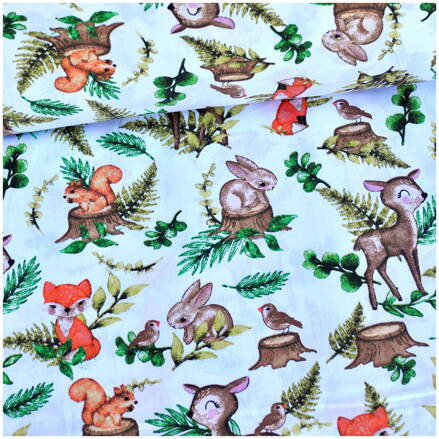 Veverička na pníku so zvieratkami na bielom -  cotton fabric 